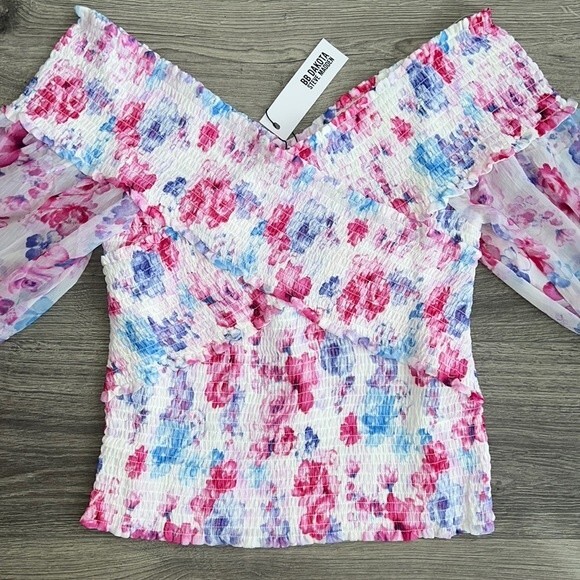 BB Dakota Off the Shoulder Top Large Smocked Blouson Sleeve Floral Boho Spring - Picture 6 of 11